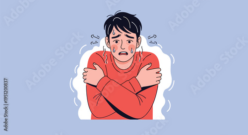 Man in a red sweater shivering from cold and sweating profusely to depict symptoms of high fever or illness.