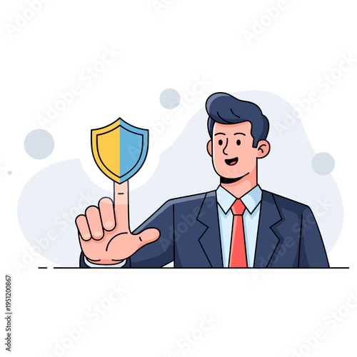 Businessman selecting shield icon on digital interface. non editable strokes