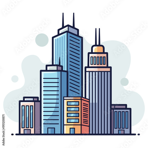 City skyline showing multiple skyscrapers in urban setting. non editable strokes