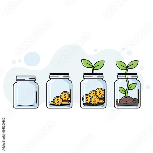 Money growth progression from savings jars to plant investment. non editable strokes