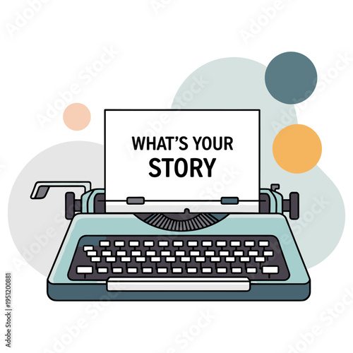 Typewriter displaying prompt asking for story on white background. non editable strokes