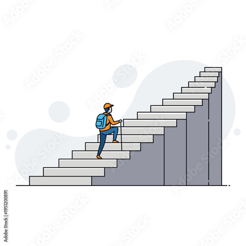 Backpacker climbing staircase ascending toward higher level or goal. non editable strokes