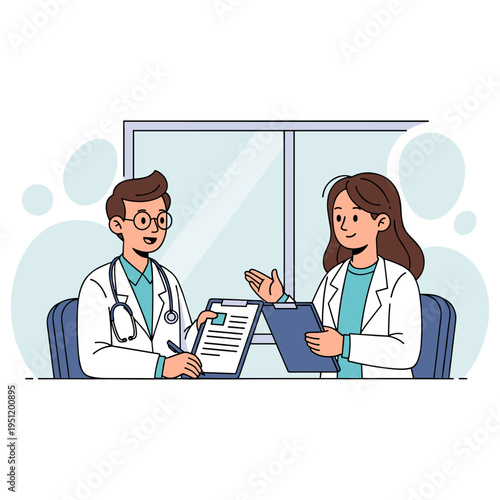 Two doctors discussing patient records in clinic office. non editable strokes