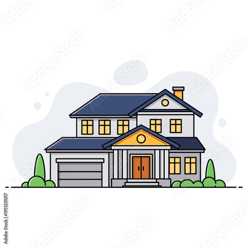 Two story suburban house depicted in front elevation on white backdrop. non editable strokes