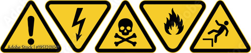 A collection of five yellow warning signs with black symbols on a white background indicating various hazards