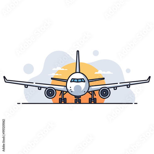 Airplane facing viewer on runway with sunrise background. non editable strokes