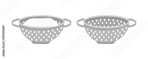 Colander with Rice and Empty Colander Illustration. Kitchen colander. Colander set illustration.