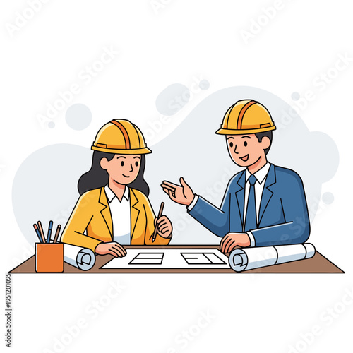Two architects reviewing plans at desk in office setting. non editable strokes