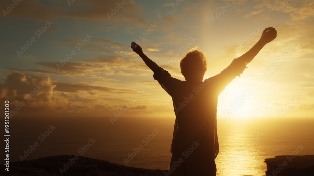 Fototapeta premium Person with raised arms feeling joy and success overlooking the ocean at sunset with copy space