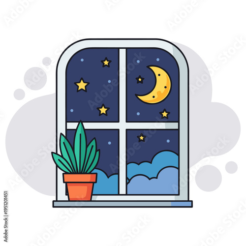 Window displaying moonlit sky with plant on windowsill. non editable strokes