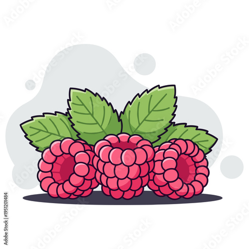 Ripe raspberries clustered with leaves on white surface. non editable strokes