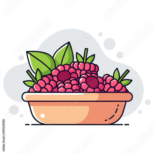 Bowl of raspberries with leaves on neutral background. non editable strokes