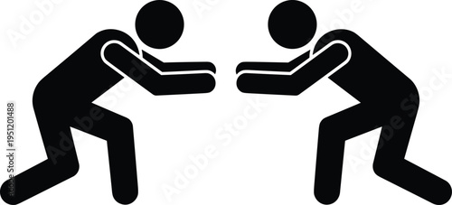 Two human silhouettes facing each other in crouched wrestling stance, sports competition, martial arts training, physical fitness, black and white vector illustration