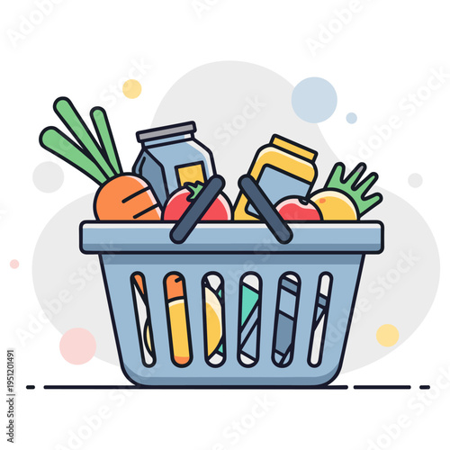Grocery basket filled with assorted groceries in shopping context. non editable strokes