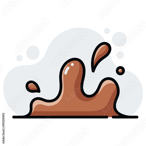 Chocolate liquid splashing into puddle on white background. non editable strokes