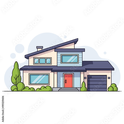 Modern two story house with garage in suburban setting. non editable strokes