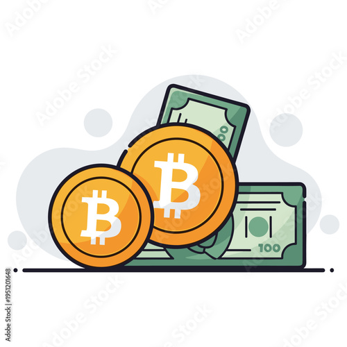 Bitcoin coins and cash displayed on white background. non editable strokes