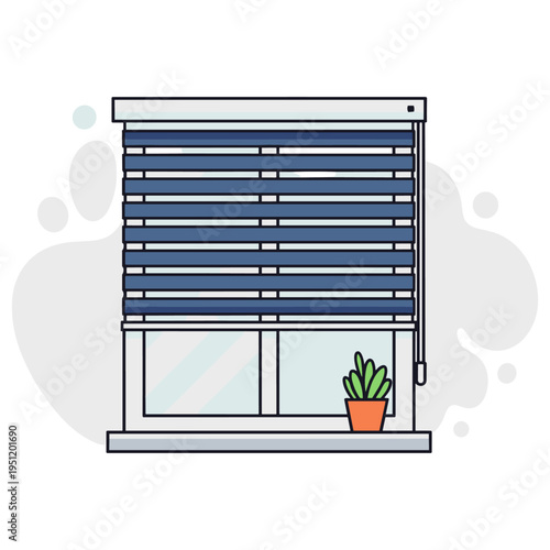 Window blinds lowered covering glass window with plant on sill. non editable strokes