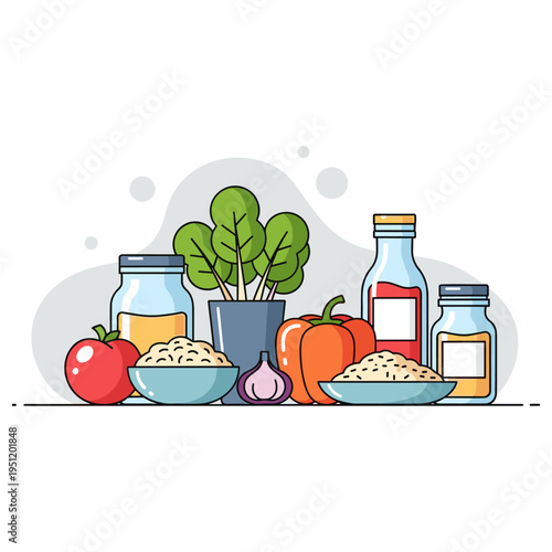 Fresh ingredients arranged on counter in kitchen scene. non editable strokes