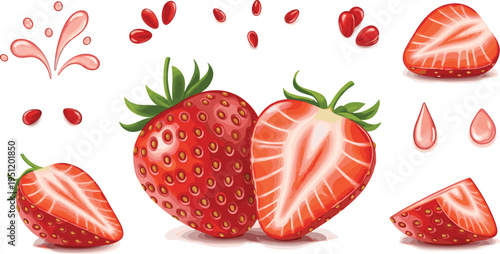 Fresh strawberry with slices and juice splash ripe red berry fruit food vector illustration isolated background