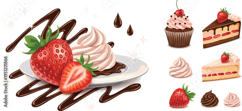 Strawberry dessert with whipped cream and chocolate drizzle sweet bakery food vector illustration set isolated background