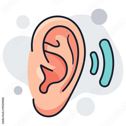 Human ear listening with sound waves on neutral background. non editable strokes