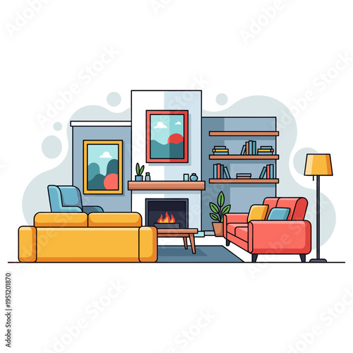 Living room seating arranged around fireplace in modern interior. non editable strokes