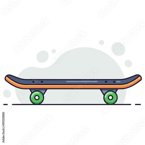 Skateboard deck positioned on flat surface with green wheels. non editable strokes