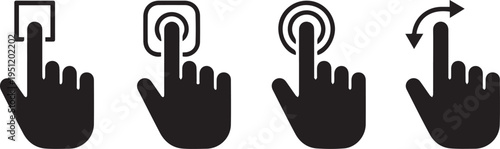 Four black hand icons demonstrating touch screen gestures on a white background for user interface guidance