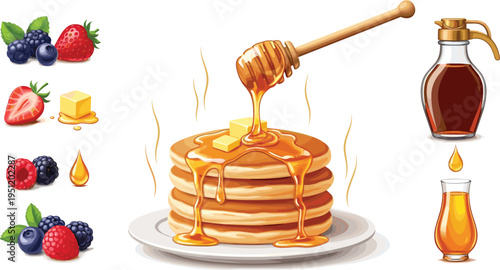 Pancakes with butter and honey drizzle breakfast dessert sweet food vector illustration with berries isolated background