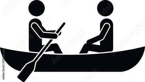 Two people rowing boat silhouette, canoe paddling teamwork adventure water transport recreation icon black flat vector illustration