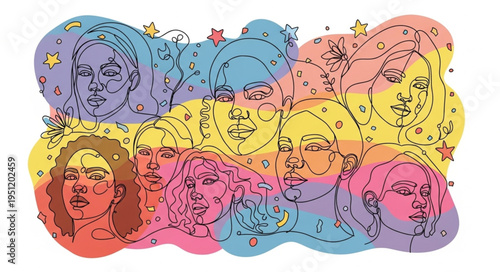 Diverse group of women faces illustrated in vibrant colors.