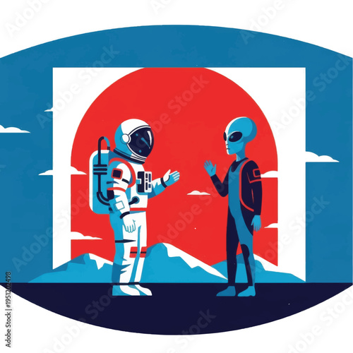 Astronaut and Alien Meeting in Space Suit.