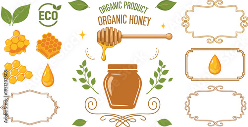 Organic honey label design with jar honeycomb dipper eco elements natural food packaging vector illustration set