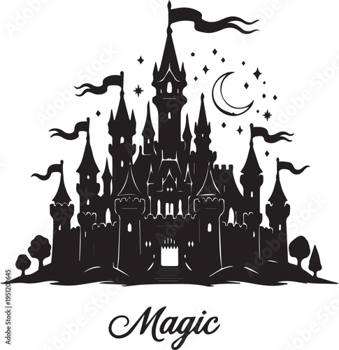 A magical black silhouette of a castle with towers and flags under a crescent moon and stars on a white background with the word Magic written below
