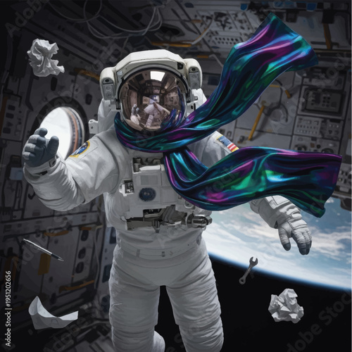 Astronaut in Space Suit Floating Outside Spacecraft.