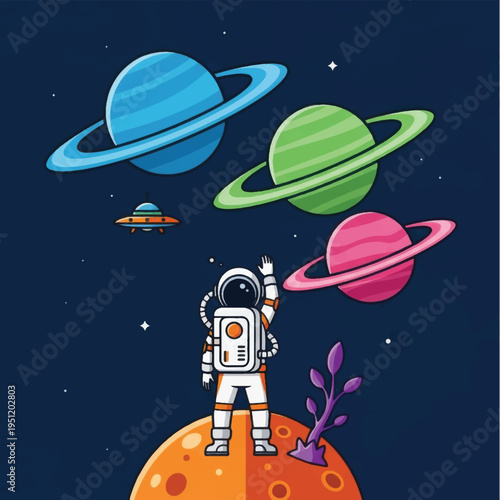 Astronaut Standing on Planet with Planets Above.