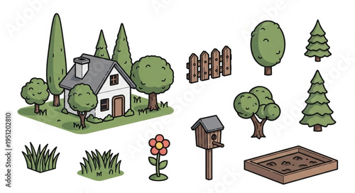 Charming Cartoon House and Garden Elements Illustration.