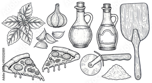 Hand-drawn pizza ingredients and tools, including basil, garlic, olive oil, slices, and pizza peel.