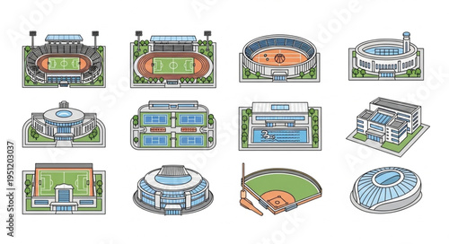 Diverse Collection of Stadium Illustrations Showcasing Architectural Variety.