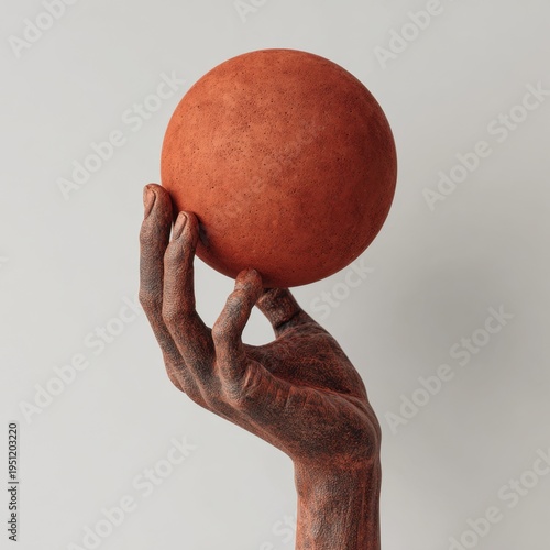 Hand balancing terracotta ball in plain studio setting