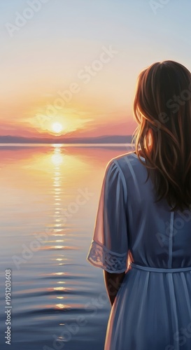 Woman looking out at serene sunset.