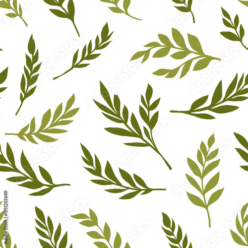 A pattern with green branches and leaves on a white background. The design is perfect for wallpaper, fabric, labels, and packaging.