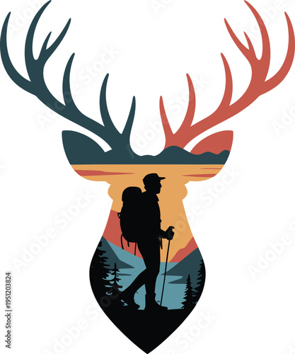 Hiker silhouette with moose antlers at sunset mountain landscape