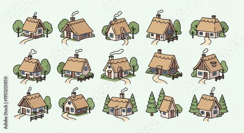 Collection of Whimsical Thatched Cottage Illustrations with Rustic Charm.