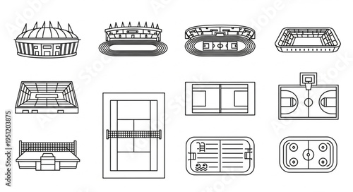 Collection of Sports Arenas and Fields Illustrations in Black and White.