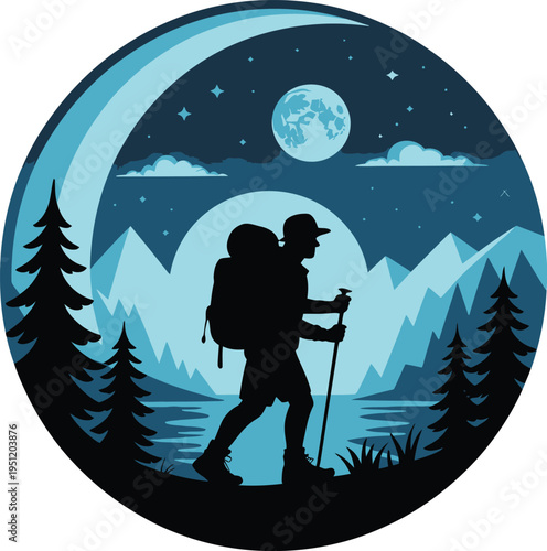 Hiker silhouette walking under moonlight in mountains with backpack and trekking poles at night
