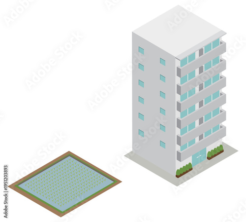 アイソメトリックな田んぼとマンションの土地活用や郊外の農地転用などのイメージ素材