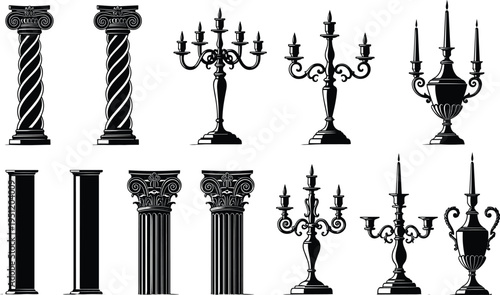Black silhouette set of classical Greek columns, twisted pillars, ornate candelabras, vintage trophy cups, and antique candelabrum icons on white background.