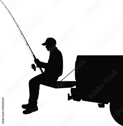 Silhouette of a man fishing from a truck tailgate on a white background